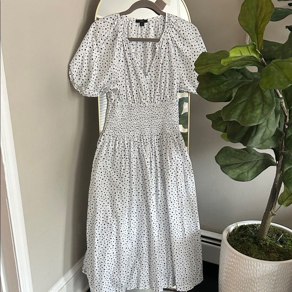 J.Crew Puff-sleeve Smocked-waist Midi Dress in Dot Print